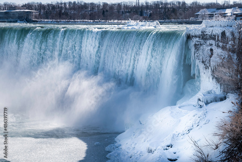 Close up of Niagara Horseshoe Falls in Winter, Canada winter wonderland, 