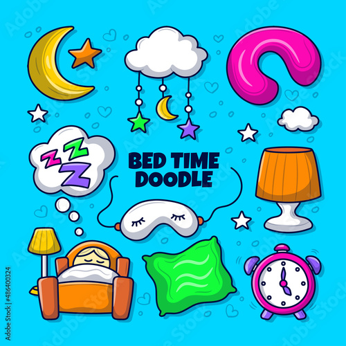 Bedtime doodle element set with colored hand drawn style