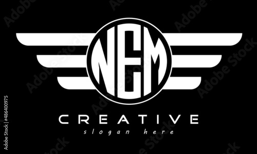 NEM three letter monogram type circle letter logo with wings vector template.