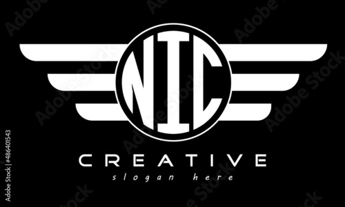 NIC three letter monogram type circle letter logo with wings vector template.