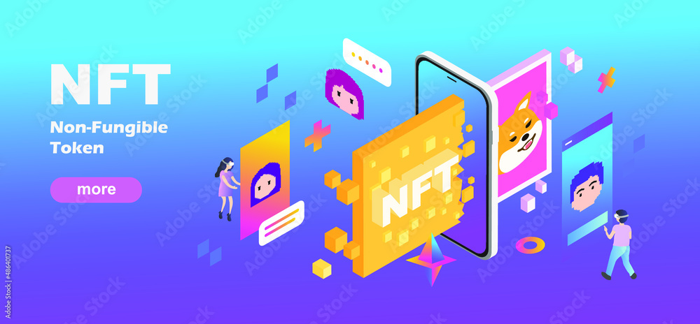 NFT token in crypto artwork. Banner Non-fungible token with aspects of intellectual property. ERC20. 3D hologram with Cryptocurrency and art