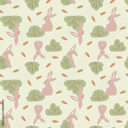 Brown rabbits on a green field with bushes and carrots. Summer seamless background pattern. Vector illustration in hand drawn, flat style. Simple, cute texture for baby clothes.