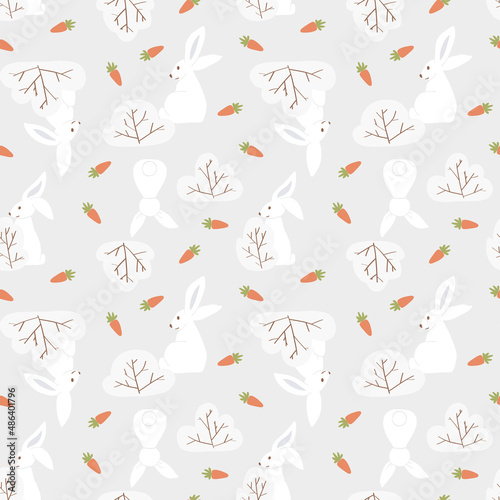 White hares on field with carrots and bushes. Simple winter seamless background. Vector illustration. Hand drawn and flat style.