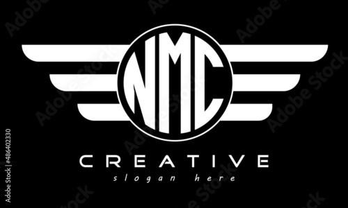 NMC three letter monogram type circle letter logo with wings vector template. photo