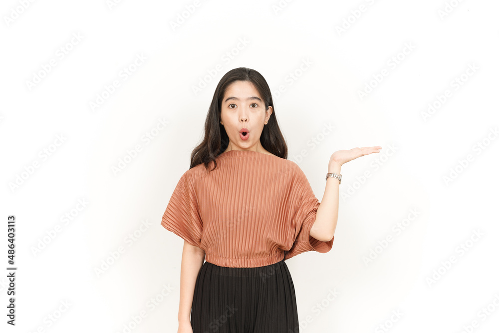 Showing and Presenting Product on Open Palm Of Beautiful Asian Woman Isolated On White Background Showing and Presenting Product on Open Palm Of Beautiful Asian Woman Isolated On White Background