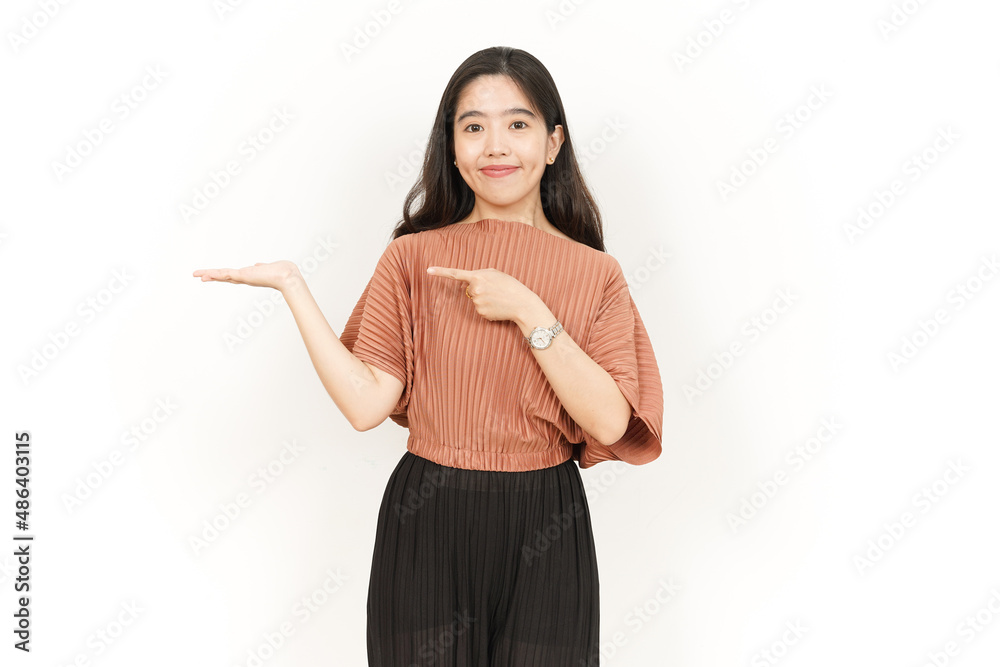 Showing and Presenting Product on Open Palm Of Beautiful Asian Woman Isolated On White Background Showing and Presenting Product on Open Palm Of Beautiful Asian Woman Isolated On White Background