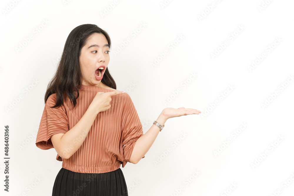 Showing and Presenting Product on Open Palm Of Beautiful Asian Woman Isolated On White Background Showing and Presenting Product on Open Palm Of Beautiful Asian Woman Isolated On White Background
