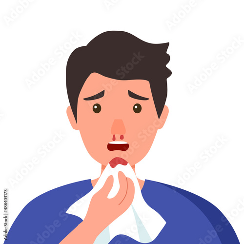 Young sick man with a nosebleed in flat design. Nose bleeding symptom. photo
