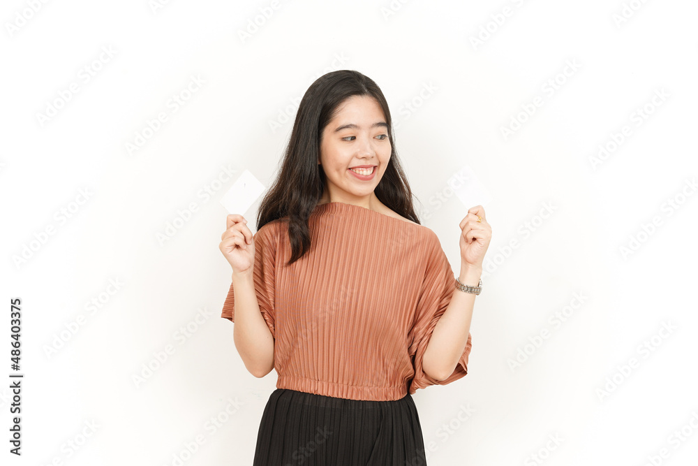 Showing Blank Credit or Bank Card Of Beautiful Asian Woman Isolated On White Background Showing Blank Credit or Bank Card Of Beautiful Asian Woman Isolated On White Background