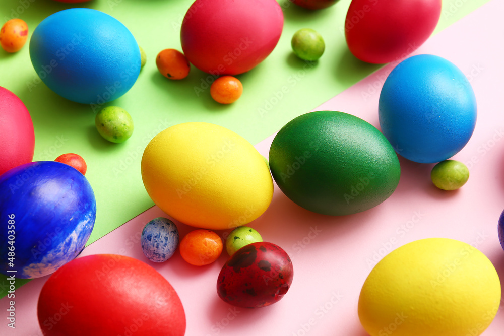 Different painted Easter eggs on color background Different painted Easter eggs on color background