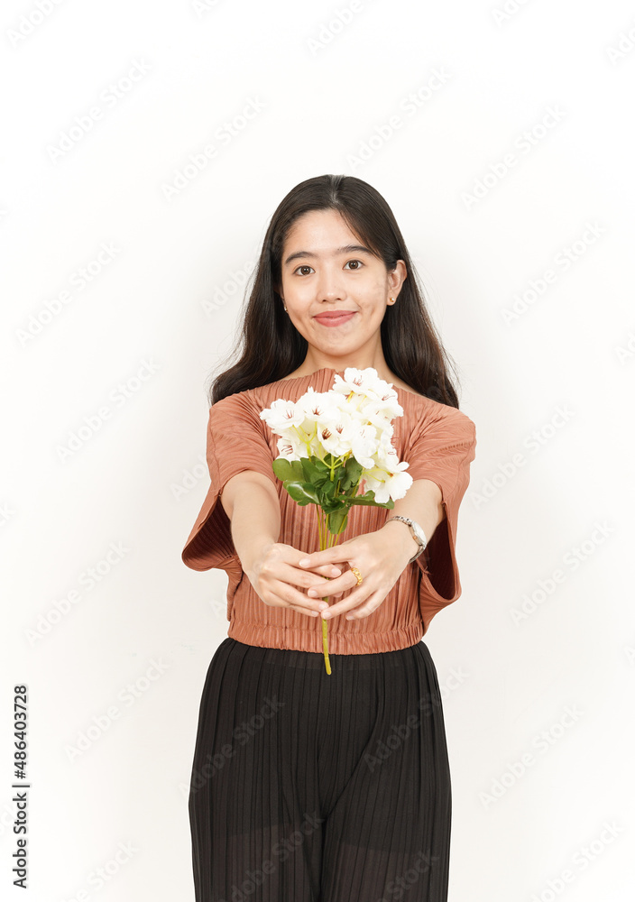 Holding and Give You Flower Of Beautiful Asian Woman Isolated On White Background Holding and Give You Flower Of Beautiful Asian Woman Isolated On White Background