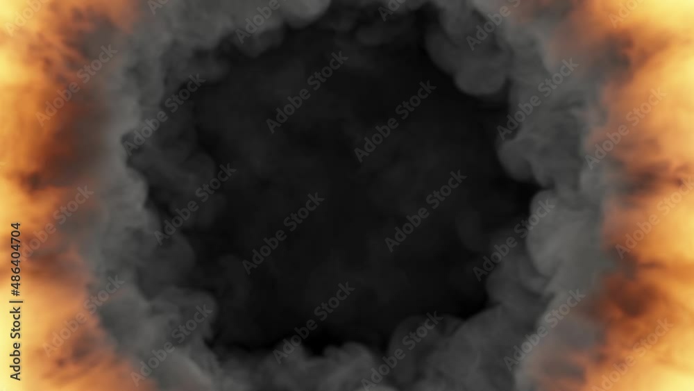 The gray smoke escapes into the black hole in the middle of the screen, dragging the fire with it.