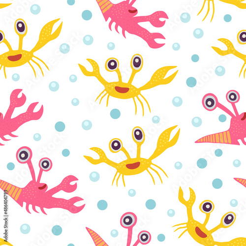 Cute seamless pattern with crabs.Cartoon doodle print with happy sea creatures for children and nursery textile and decor.