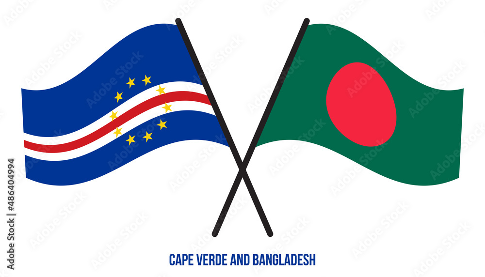 Cape Verde and Bangladesh Flags Crossed And Waving Flat Style. Official Proportion. Correct Colors.