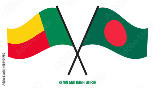 Benin and Bangladesh Flags Crossed And Waving Flat Style. Official Proportion. Correct Colors.