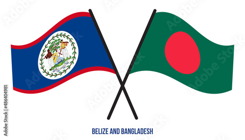 Belize and Bangladesh Flags Crossed And Waving Flat Style. Official Proportion. Correct Colors.