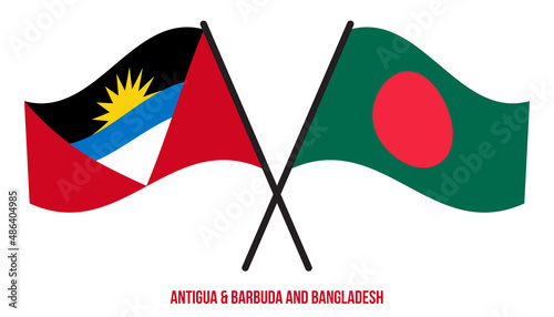 Antigua & Barbuda and Bangladesh Flags Crossed & Waving Flat Style. Official Proportion