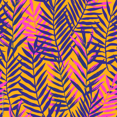 Seamless pattern with modern neon palm tropical leaves and plants for design and textile. © Yuliya