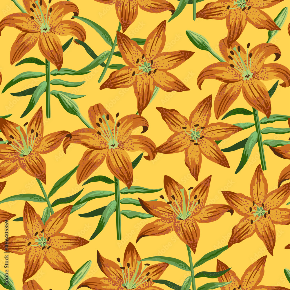 Seamless pattern with garden orange lilies in artistic realistic style.