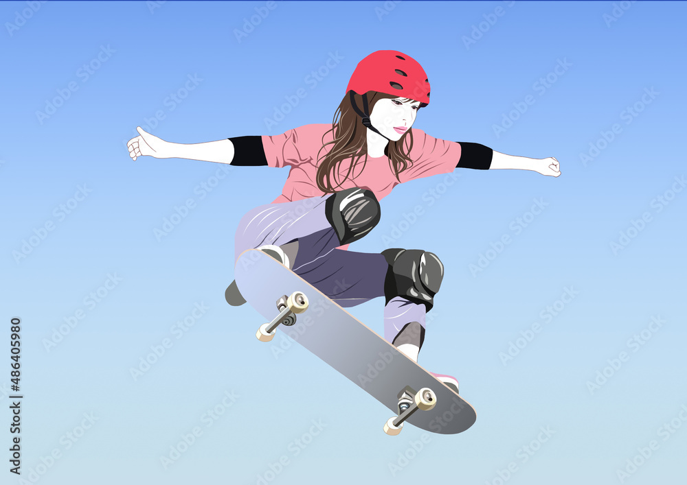 飛ぶスケートボード女子イラスト
