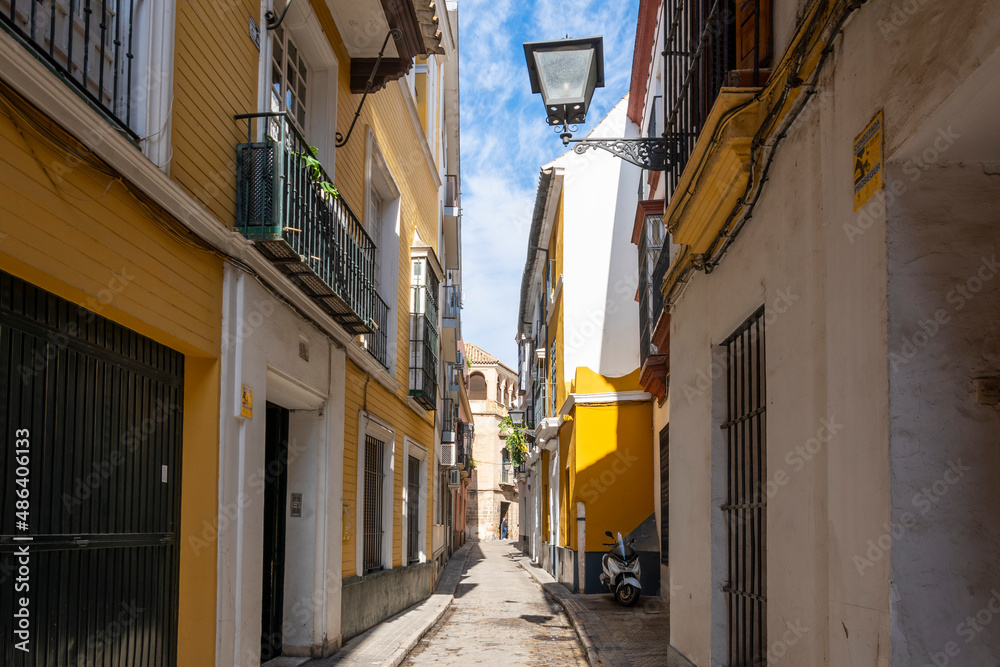 Fototapeta premium A typical narrow street of colorful yellow buildings in the Barrio Santa Cruz area of the Andalusian city of Seville Spain.