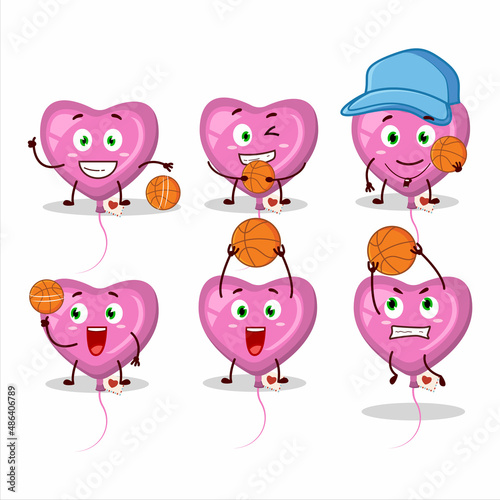 Talented pink love balloon cartoon character as a basketball athlete