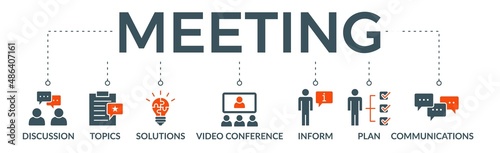 Meeting banner web icon vector illustration for business meeting and discussion with communications, topics, solutions, plan, inform and video conference icon