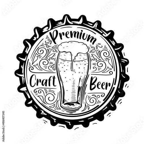 Hand drawn pint of craft beer - brewery emblem on bottle cap