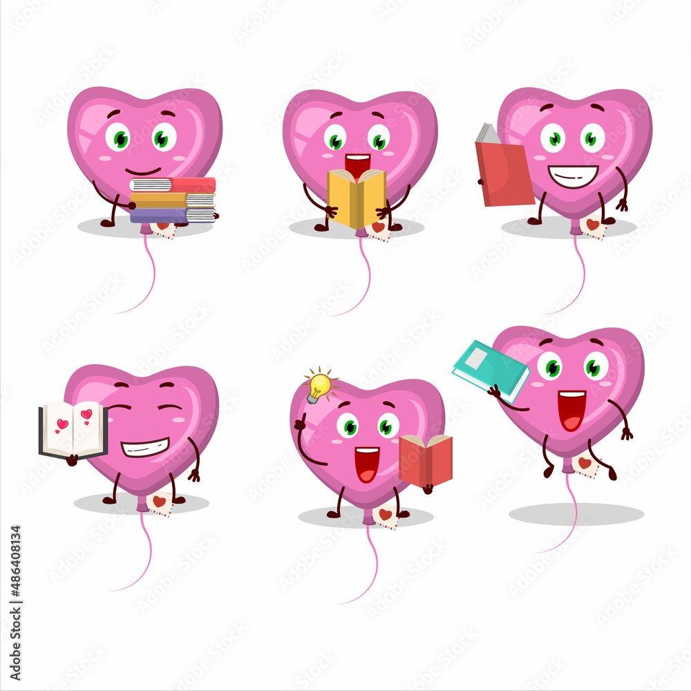 A picture of pink love balloon cartoon character concept reading an amusing book