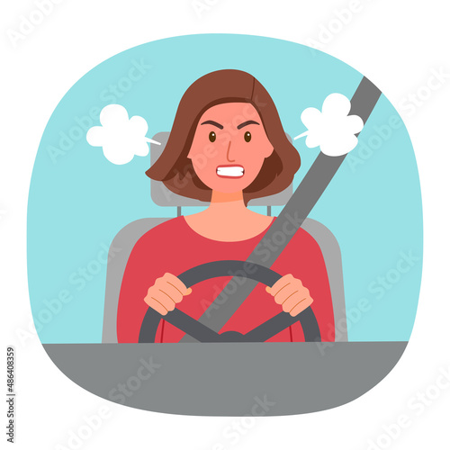 Angry female driver in flat design. Road rage concept vector illustration. 