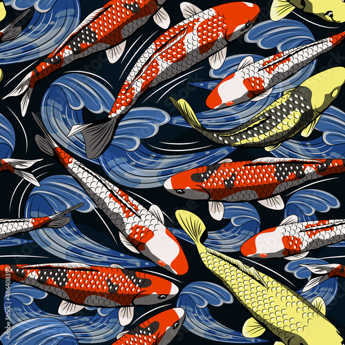 Doodle koi carps seamless pattern vector. Japanese art.
