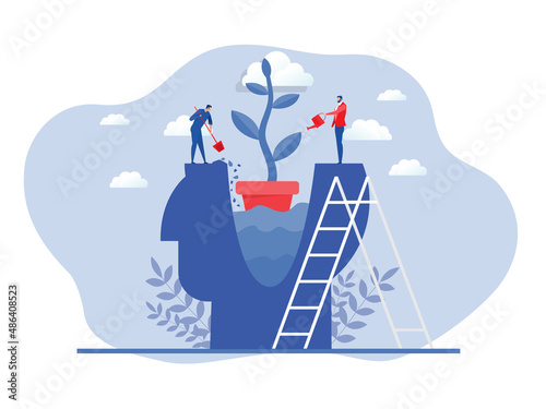 businessman Watering plants with big brain growth mindset concept vector