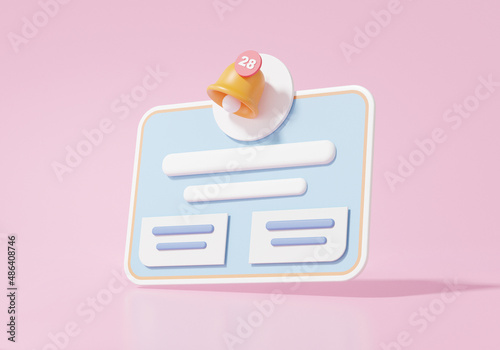 Reminder icon with newsletter alert floating on pink background. event planning timetable, Day month year concept. minimal cartoon style. 3d render Illustration