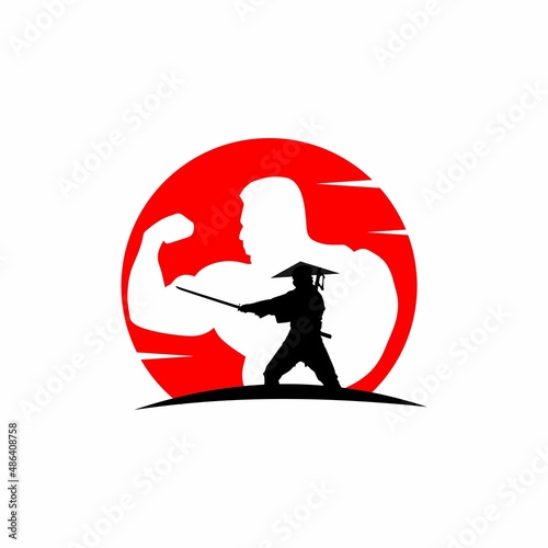 Vector Graphic of A Samurai with Body Builder as The Background Perfect for Gym Logo