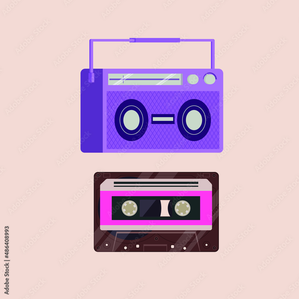 Boombox radio and tape cassette. Best of 90s vector illustration. 