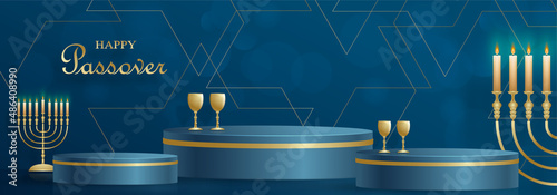 Happy Pessah podium stage for the Passover holiday with nice and creative Jewish symbols on blue color background for Pesach Jewish holiday 