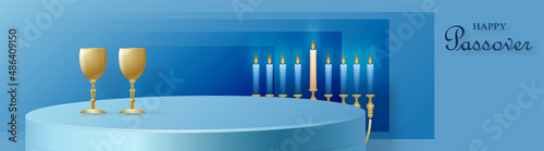 Happy Pessah podium stage for the Passover holiday with nice and creative Jewish symbols on blue color background for Pesach Jewish holiday 