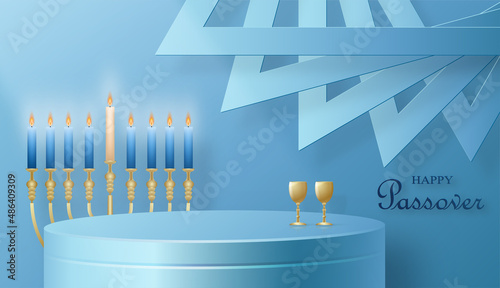 Happy Pessah podium stage for the Passover holiday with nice and creative Jewish symbols on blue color background for Pesach Jewish holiday 