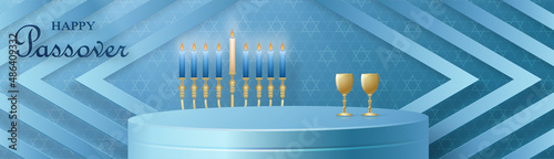 Happy Pessah podium stage for the Passover holiday with nice and creative Jewish symbols on blue color background for Pesach Jewish holiday 