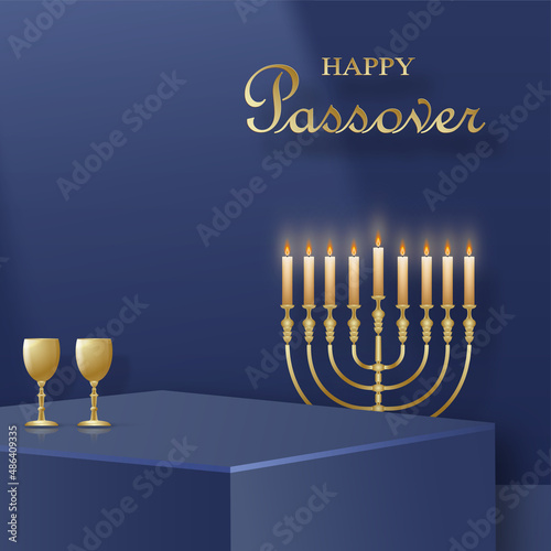 Happy Pessah podium stage for the Passover holiday with nice and creative Jewish symbols on blue color background for Pesach Jewish holiday 