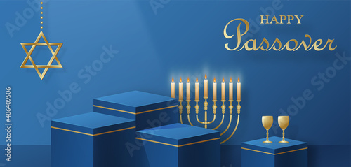 Happy Pessah podium stage for the Passover holiday with nice and creative Jewish symbols on blue color background for Pesach Jewish holiday 
