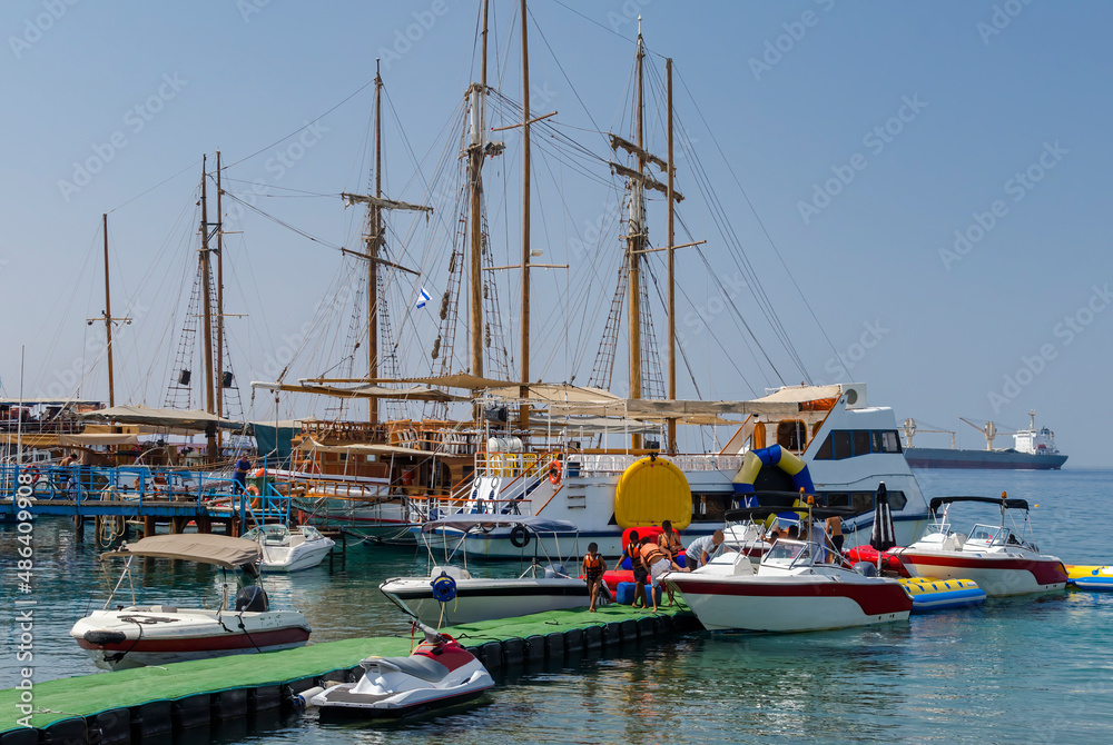Pleasure boats and sailboats in marina of the Red Sea, Middle East