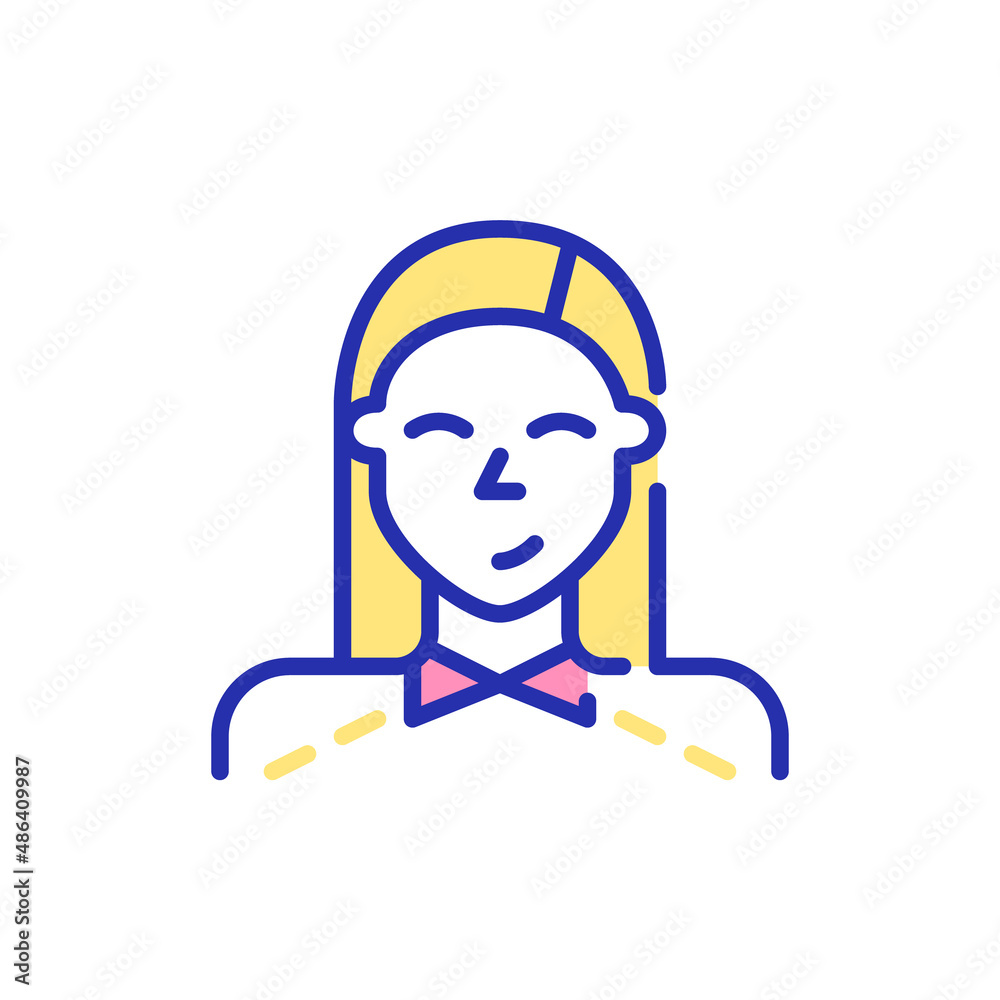 Cute student girl with long hair wearing a jumper. Pixel perfect, editable stroke fun color avatar icon