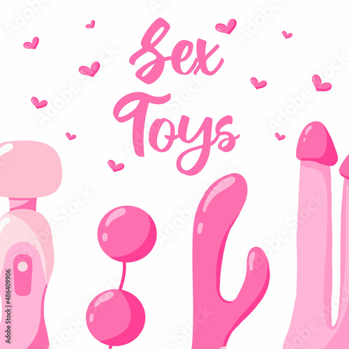  Vector illustration of sex toys. Poster with sex toys for a sex shop. Toys for adults.