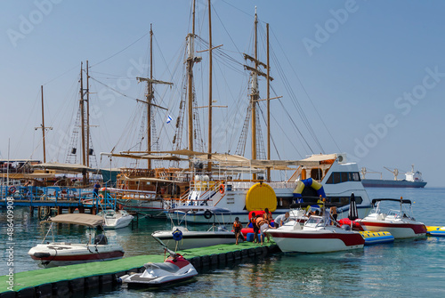 Pleasure boats and sailboats in marina of the Red Sea, Middle East