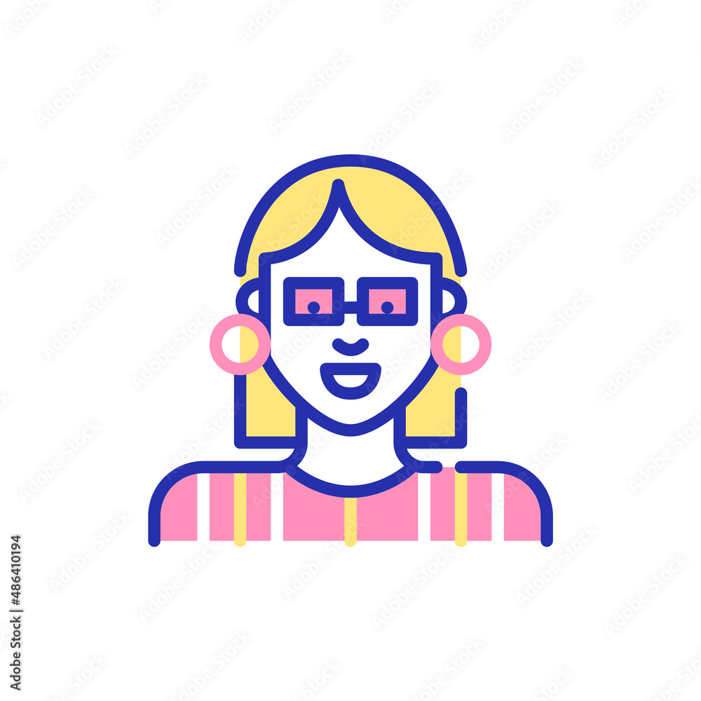 Pretty young woman with a bob haircut wearing glasses and striped shirt. Pixel perfect, editable stroke fun color icon Pretty young woman with a bob haircut wearing glasses and striped shirt. Pixel perfect, editable stroke fun color icon