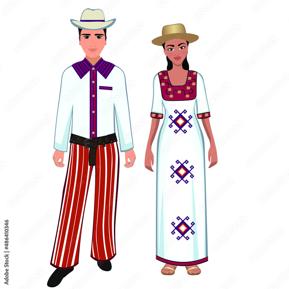 Woman and man in folk national venezuelan costume. Vector illustration - obrazy, fototapety, plakaty 