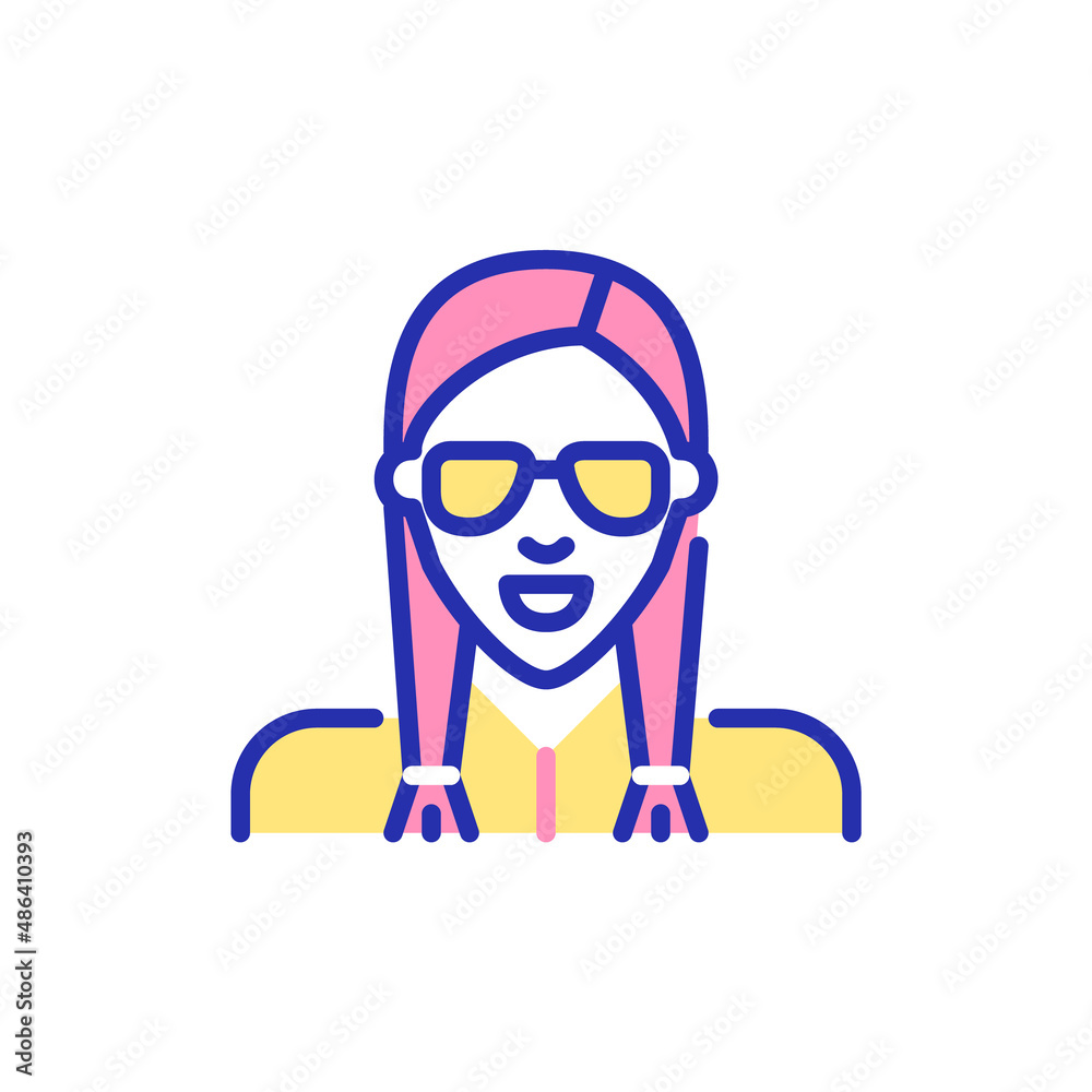 Stylish girl wearing sunglasses and braided hair. Pixel perfect, editable stroke fun color icon
