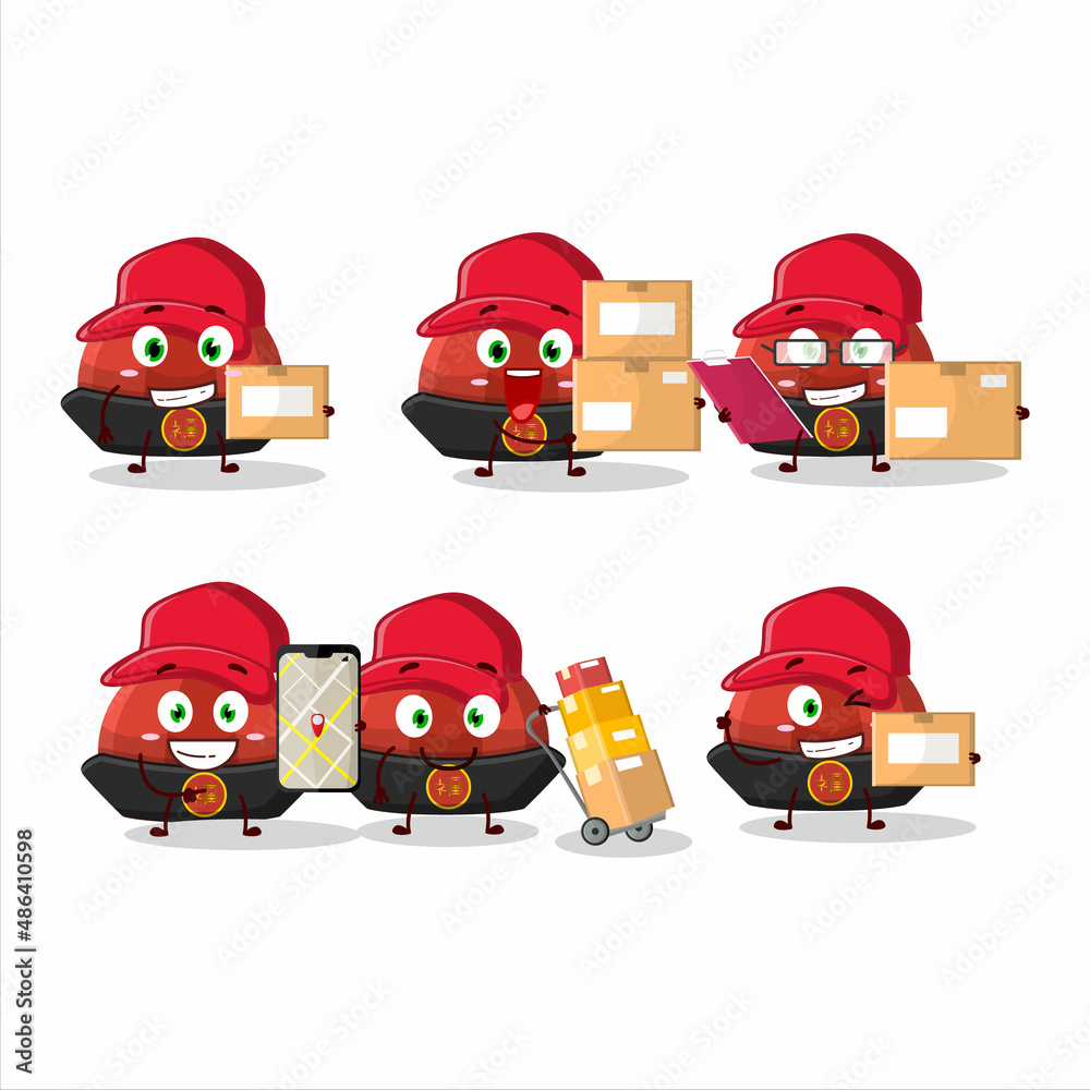 Cartoon character design of red chinese traditional hat working as a courier