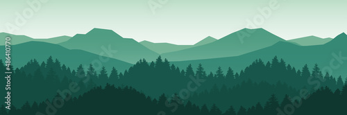 mountain and forest landscape vector illustration with sunrise and sunset in the mountains